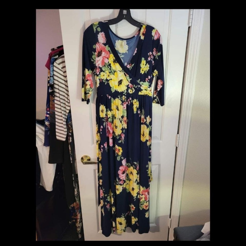 3/4 sleeve floral front faux wrap maxi dress